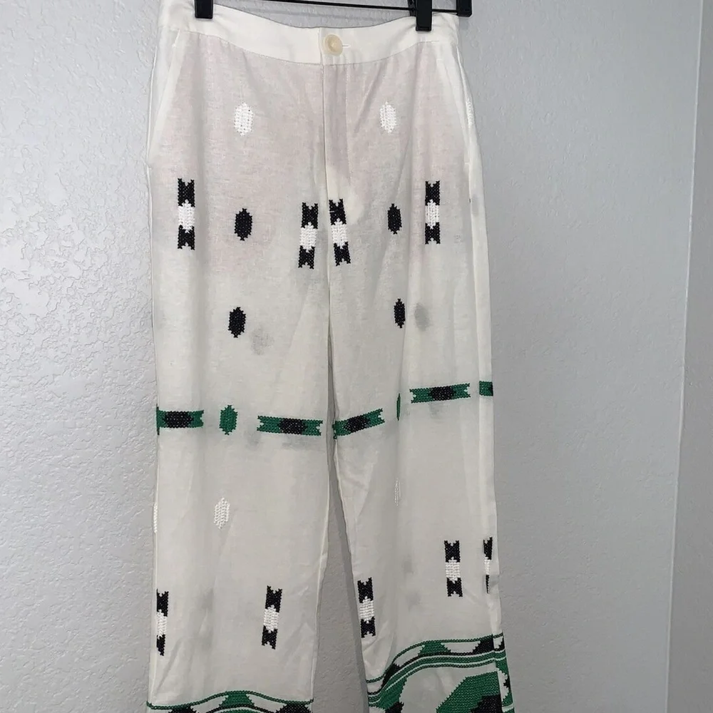 Zara Embroidered High Rise Waist Linen Crop Straight Beige Green Pant Womens M